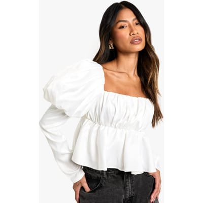 boohoo Dames Satijn Smock Top met Puff Mouwen en Gerafelde Borst | Ivoor | Maat: 34