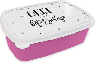 Broodtrommel Roze - Lunchbox - Brooddoos - Beterschap - Quotes - Hartjes - Zwart wit - 18x12x6 cm - Kinderen - Meisje