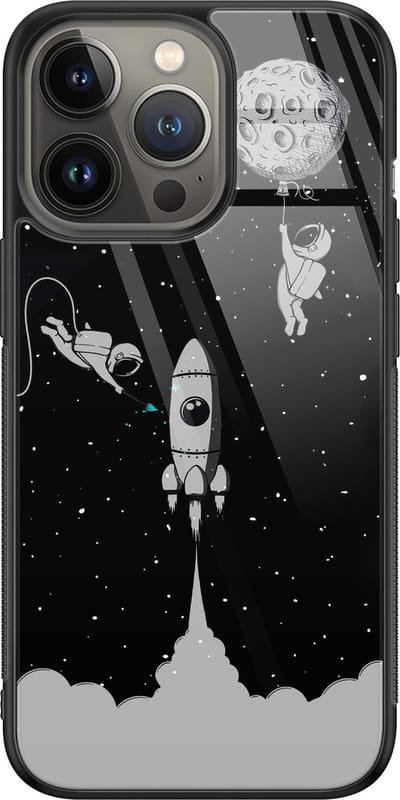 Hoesje geschikt voor iPhone 13 Pro - Space shuttle - Luxe Glazen Hardcase - Sterren - Grijs - Leuke Telefoonhoesjes