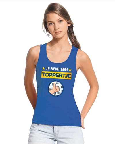Blauw mouwloos feest shirt/ tanktop - Je bent een toppertje met duimpje voor dames S