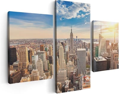 Artaza Canvas Schilderij Drieluik New York Manhattan Tijdens Zonsondergang - 90x60 - Foto Op Canvas - Canvas Print