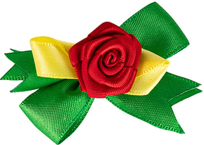 Broche roosje met strikje rood geel groen