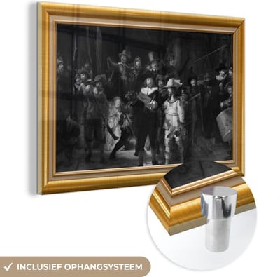 MuchoWow® Glasschilderij 60x40 cm - Schilderij acrylglas - Nachtwacht - Van Rijn - Lijst - Goud - Foto op glas - Schilderijen