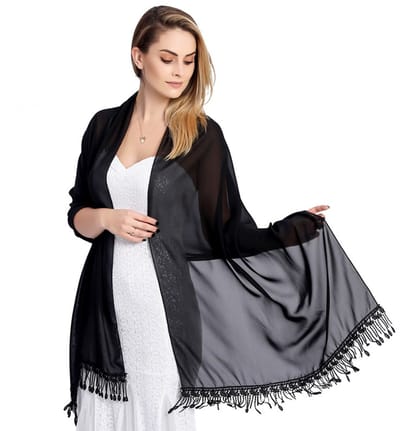 Chiffon Stola - Kant Franje Sjaal - Zachte Lichtgewicht Wikkel - Bruid Bruiloft Avondfeest - Dames - Kerstcadeau - Zwart