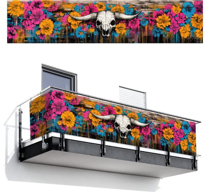Balkonscherm 500x110 cm - Balkonposter Schedel - Bloemen - Graffiti - Balkon scherm decoratie - Balkonschermen - Balkondoek zonnescherm