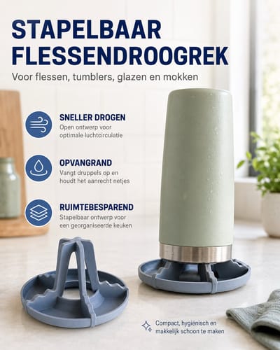 Skushy Flessendroogrek Stapelbaar – Afdruiprek voor Flessen, Tumblers, Mokken, Glazen & Drinkbekers – Aanrecht Organizer voor Keuken, Huishouden, Babyflessen, Drinkflessen & Thermosbekers – Ruimtebesparend Droogrek van PLA – Grijs/Blauw – 2 stuks!