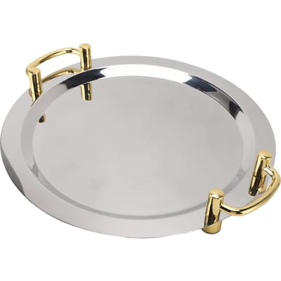 RVS Serveerschaal Exquisite Elegante Spiegeloppervlak Gouden Draaggreep 304 Roestvrij Staal Dinerborden Round (Diameter 15.7in) gray