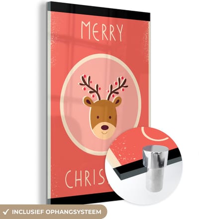 MuchoWow® Glasschilderij 120x180 cm - Schilderij acrylglas - Rendier - Quotes - Kerst - Merry christmas - Rood - Vintage - Foto op glas - Schilderijen