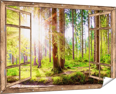Gards Tuinposter Doorkijk Bos met Zon tussen de Bomen - 180x120 cm - Tuindoek - Tuindecoratie - Wanddecoratie buiten - Tuinschilderij