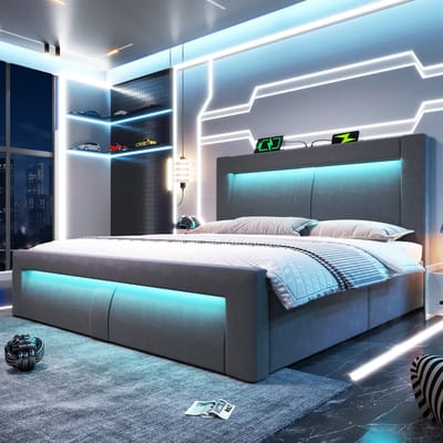 Sweiko Tweepersoonsbed 140 x 200 cm - Opbergruimte - LED-verlichting - USB/Type-C - Velvet - Grijs