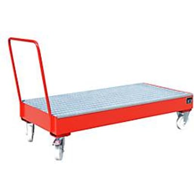 Stalen lekbak met wielen + greep, 1800 x 800 mm, rood RAL 3000