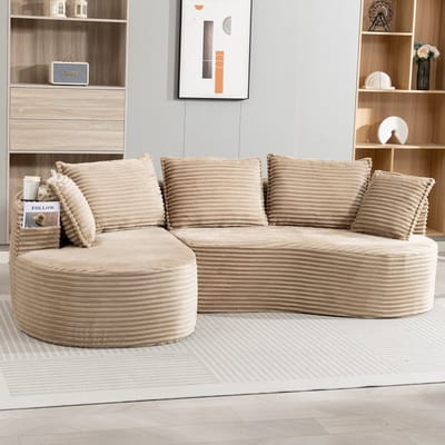 MODFU Bank - Gebogen Design Met Bekerhouders En Zijvakken - Modern - Woonkamer - Ribstof - Khaki - 250 X 152 X 82 Cm