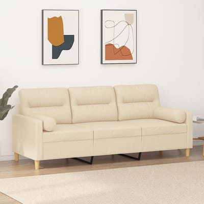vidaXL - Driezitsbank - met - sierkussens - 180 - cm - stof - crèmekleurig