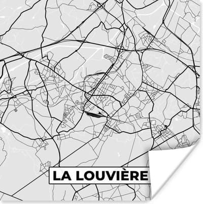 Poster Zwart Wit – België – Plattegrond – Stadskaart – Kaart – La Louvière - 100x100 cm XXL
