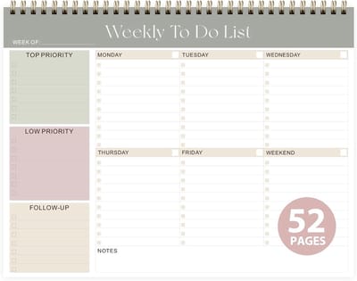 Wekelijks notitieblok met weekplanner – ongedateerd, 52 afscheurvellen, gewoonte-tracker – formaat 20,5 x 38 cm – geschikt voor kantoor, school en thuis