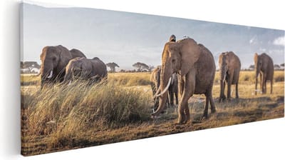 Artaza Canvas Schilderij Olifanten Kudde - 60x20 cm - Wanddecoratie Woonkamer - Muurdecoratie Wilde Dieren - Kamer Accessoires Safari