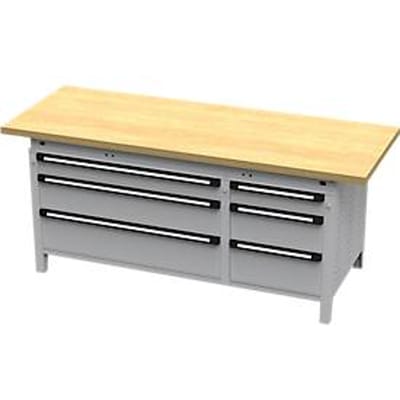 Otto Kind brede werkbank type 425, multiplexplaat van beukenhout, met overhang, tot 1400 kg, B 2004 x D 750 x H 850 mm, staal, centrale vergrendeling, blank aluminium/wit aluminium