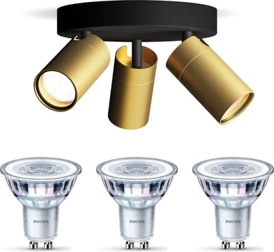 Philips Idris Opbouwspot voor Badkamer(Zwart/Goud) - Badkamerlamp - Warmwit Licht - Plafondspot met 3 Lichtpunten - GU10 - Niet Dimbaar
