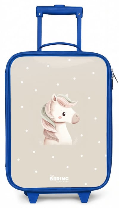 NoBoringSuitcases.com® - Kinderkoffer blauw - Kindertrolley jongen - Pony omringd door stippen in beige kleuren - Koffer kind lichtgewicht - Reiskoffer trolley voor kinderen - Koffertje met lichtgevende wieltjes - Rolkoffer