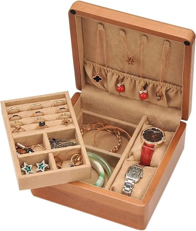 Sieraden Organizer Houten Doos - Juweliers Display Opbergdoos - Juwelen Ordenen - Tweedelige Lade - 18 x 18 x 8.5cm