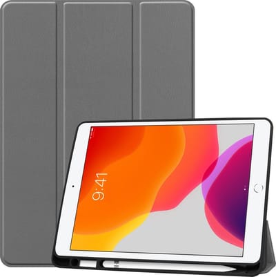 Hoesje - Geschikt voor Apple iPad 7 (2019) - 10.2 inch - 7e Generatie - Dun & Stevig - Trifold Bookcase - Hard Cover Case - Met Uitsparing Geschikt voor Apple Pencil - Hardcover Book - Tablet Hoes - Grijs