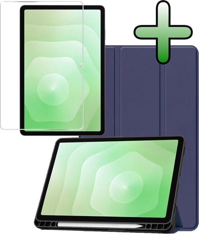 Hoesje Geschikt voor Samsung Galaxy Tab S11 - Met Screenprotector - Trifold Bookcase - Hard Cover Case - Met Uitsparing Geschikt voor S Pen - Hardcover Book - Tablet Hoes - Donkerblauw
