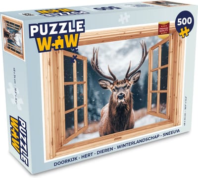 Puzzel Doorkijk - Hert - Dieren - Winterlandschap - Sneeuw - Legpuzzel - Puzzel 500 stukjes