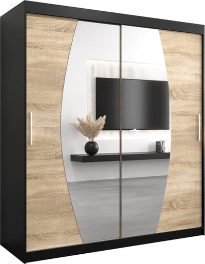 InspireMe - Kledingkast met 2 schuifdeuren, Modern-stijl, Een kledingkast met planken en een spiegel (BxHxD): 180x200x62 - GLOBE 180 Zwart Mat + Sonoma Eik