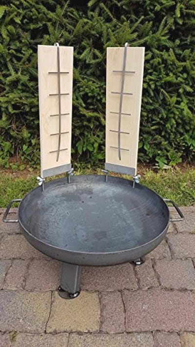 Vuurschaal met 2 Beukenhouten Zalmplanken en RVS Houders - Ideaal voor Grillen op Open Vuur
