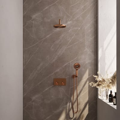 Brauer Copper Edition thermostatische inbouw regendouche met drukknoppen SET 57 met 20 cm douchekop en gebogen muurarm en 3-standen handdouche en doucheslang en wandaansluitbocht koper geborsteld PVD