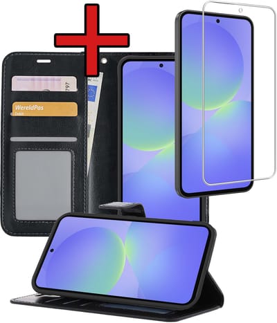 Hoesje - Met Screenprotector - Geschikt voor Samsung Galaxy A36 - Luxe Pasjeshouder - Flipcase - Bookcase Portemonee - Flip Case - Kunstleer Book Case - Book Cover - Walletcase - Portemonneehoes - Telefoonhoes - Zwart