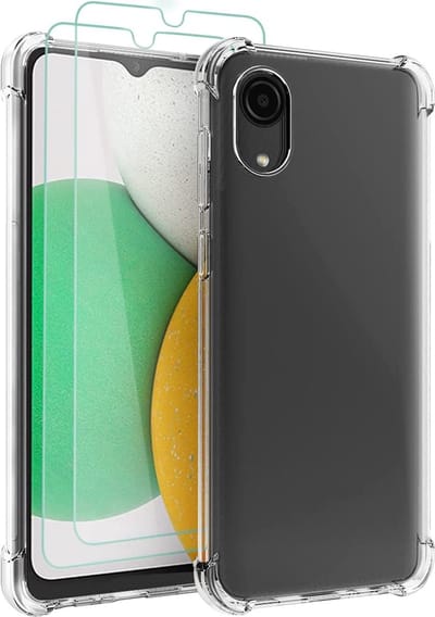 Casemania Hoesje Geschikt voor Samsung Galaxy A03 Core - Transparant + 2X Glazen Screenprotector - Anti-Shock Hybrid Back Cover