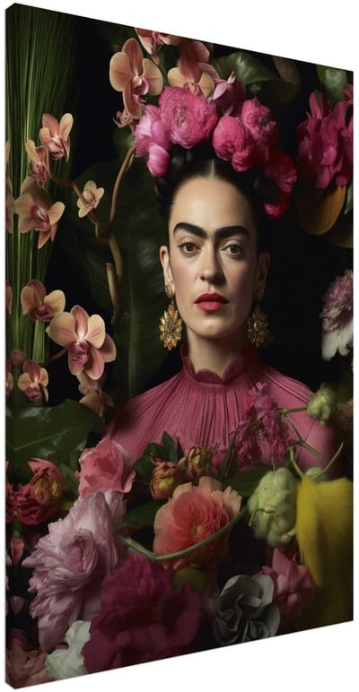 Canvas Schilderij - Frida Kahlo – Floral portrait 75x100 cm - Portretten Wanddecoratie Woonkamer & Slaapkamer