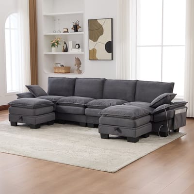 DESMIU U-Bank 330 x 132 x 84 Cm - Modulaire 4-Zits Met 2 Hockers, USB-C En Zijvakken - Voor Woonkamer Of Lounge - Corduroy Donkergrijs