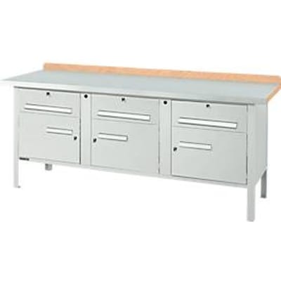 Box-type werkbank Schäfer Shop Select PW 200-5, beuken multiplex blad, met stalen afdekking, tot 750 kg, B 2000 x D 700 x H 840 mm, lichtgrijs