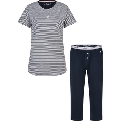 By Louise Dames Korte Mouwen Capri Pyjama Set Lang Donkerblauw Gestreept - Maat S