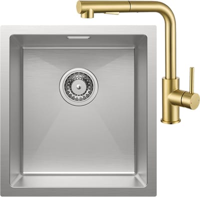 CECIPA max Spoelbak Keuken 40x44CM - Gootsteen RVS - Spoelbakken Keuken Met Goud Keukenkraan met Uittrekbare Uitloop - Wasbak Keuken - Enkele Spoelbak - Spoelbakken met afdruip - RVS