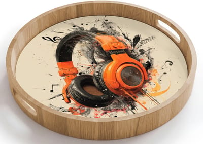 Dienblad rond 40x40 cm - Schootdienblad hout - Koptelefoon - Oranje - Explosief - Borrelplank rechthoek - Plateau houten dienbladen