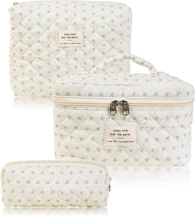 Stijlvolle 3-Delige Bloemen Reisset: Ruime Make-Up Tas met Ritssluiting voor Dames en Meisjes
