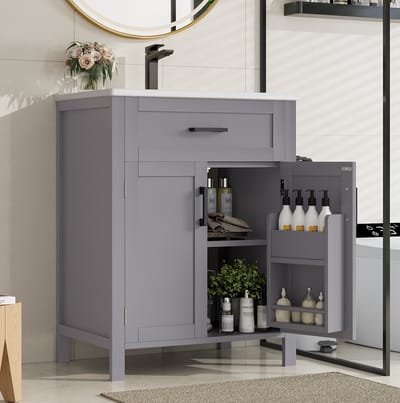 DESMIU Badkamerkast Met Wastafel - Vrijstaand Met 2 Deuren En Omkeerbare Lade - Voor Badkamer - Keramiek En MDF - 60x46x84,8 Cm - Grijs
