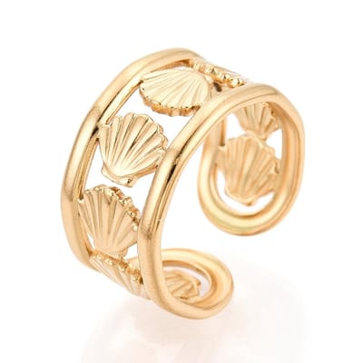 Ring stainless steel schelpen, sint jacobs, bohemian, one size ring, goudkleurig, 100% waterproof, verstelbare ring, cadeau, camino, zee, strand, zomer