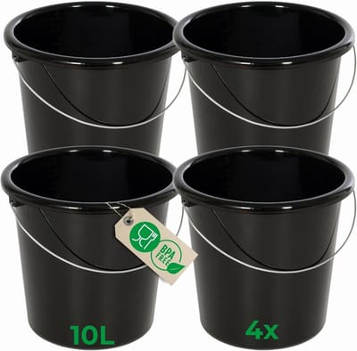 Novaliv 4 stuks emmer 10L zwart met maatverdeling - schoonmaak emmer 10 liter? 28,5 cm Praktische alleskunner met schaalverdeling voor huishouden & tuin ideaal als huishoudemmer, wateremmer, dweilemmer, emmer