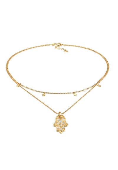 Elli - Halsketting - Dames Choker plaat Hamsa Hand hanger met Zirkonia kristallen in 925 Sterling zilver Gold Plated - Dames