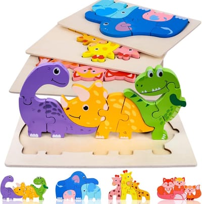 Houten Puzzel voor Peuters (1-3 jaar) met Knoppen - Educatief Stapelpuzzel Jongens en Meisjes