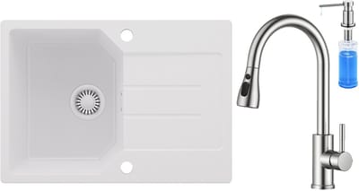 Anycee MAX Spoelbak Keuken Wit - Granieten Spoelbak 65x45CM - Spoelbakken Keuken Met keukenkraan met 2 straalsoorten en Zeepdispenser - Spoelbakken Met Afdruip - Opbouw Spoelbak