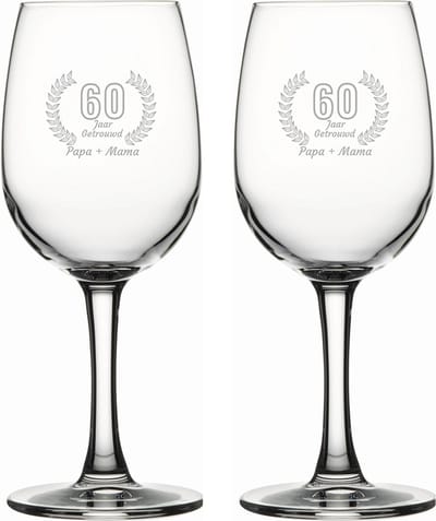 Gegraveerde set witte wijnglazen 26cl Papa + Mama 60 jaar getrouwd