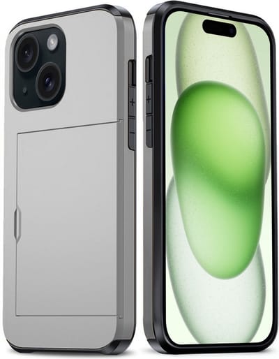 Hoes Geschikt voor iPhone 15 Hoesje Hard Case Met Pas Houder - Hoesje Geschikt voor iPhone 15 Hoes Shockproof Hard Cover Met Kaarthouder - Grijs