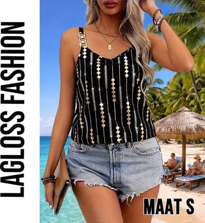 LaGloss® Luxe Zwart Gouden Tanktop Blouse met Geometrische Print en Goud Metalen Kettingbandjes – Lente/Zomer/Herfst – Casual – Maat S