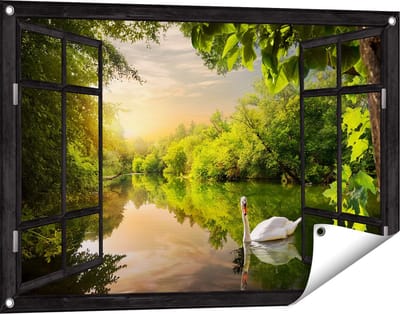 Gards Tuinposter Doorkijk Zwaan op het Water in het Bos - 90x60 cm - Tuindoek - Tuindecoratie - Wanddecoratie buiten - Tuinschilderij
