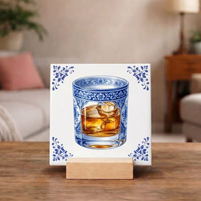 Delftsblauw Tegeltje 11x11 Whiskyglas met IJs – Bar Decoratie Cadeau